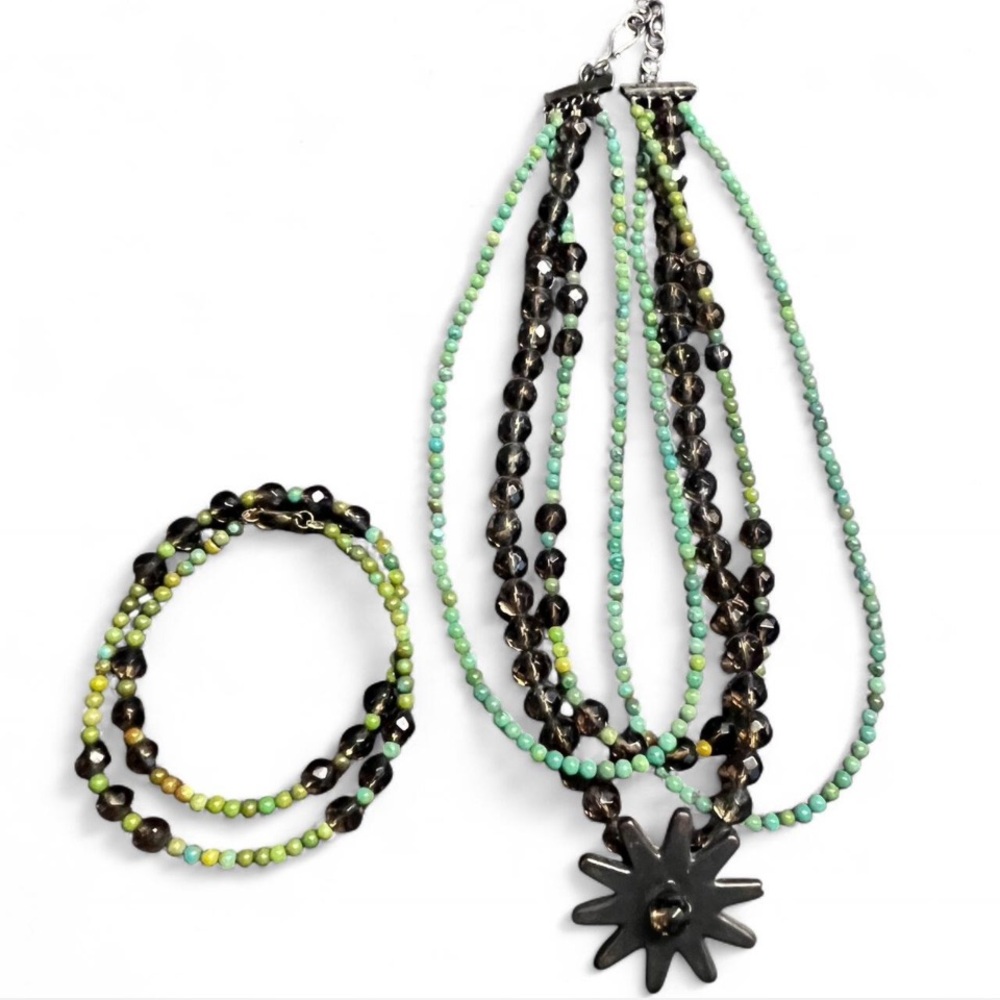 Green Turquoise & Glass Beaded Necklace with metal spur, 16" necklace 7.5" wrap